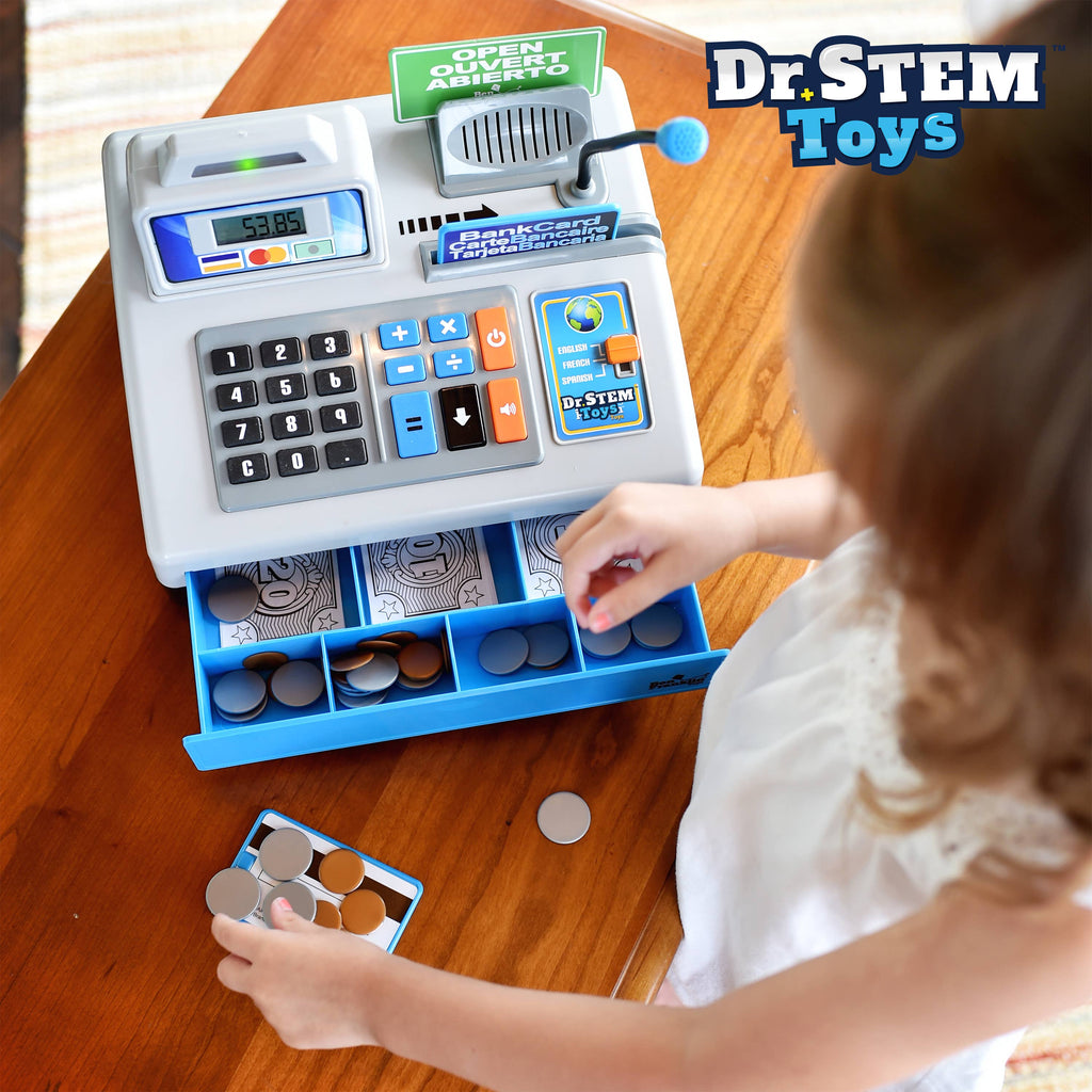 Dr. STEM Toys Talking Cash Register & Pretend Food Bundle– Trilingual Money Counting & Math Learning Toy with Play Money, Credit Cards & Working Microphone – Ages 3+