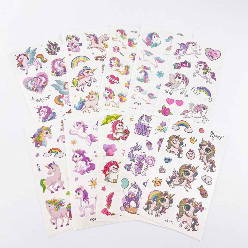 10 Sheets Unicorn Tattoos – Kids Party Favor Temporary Stickers