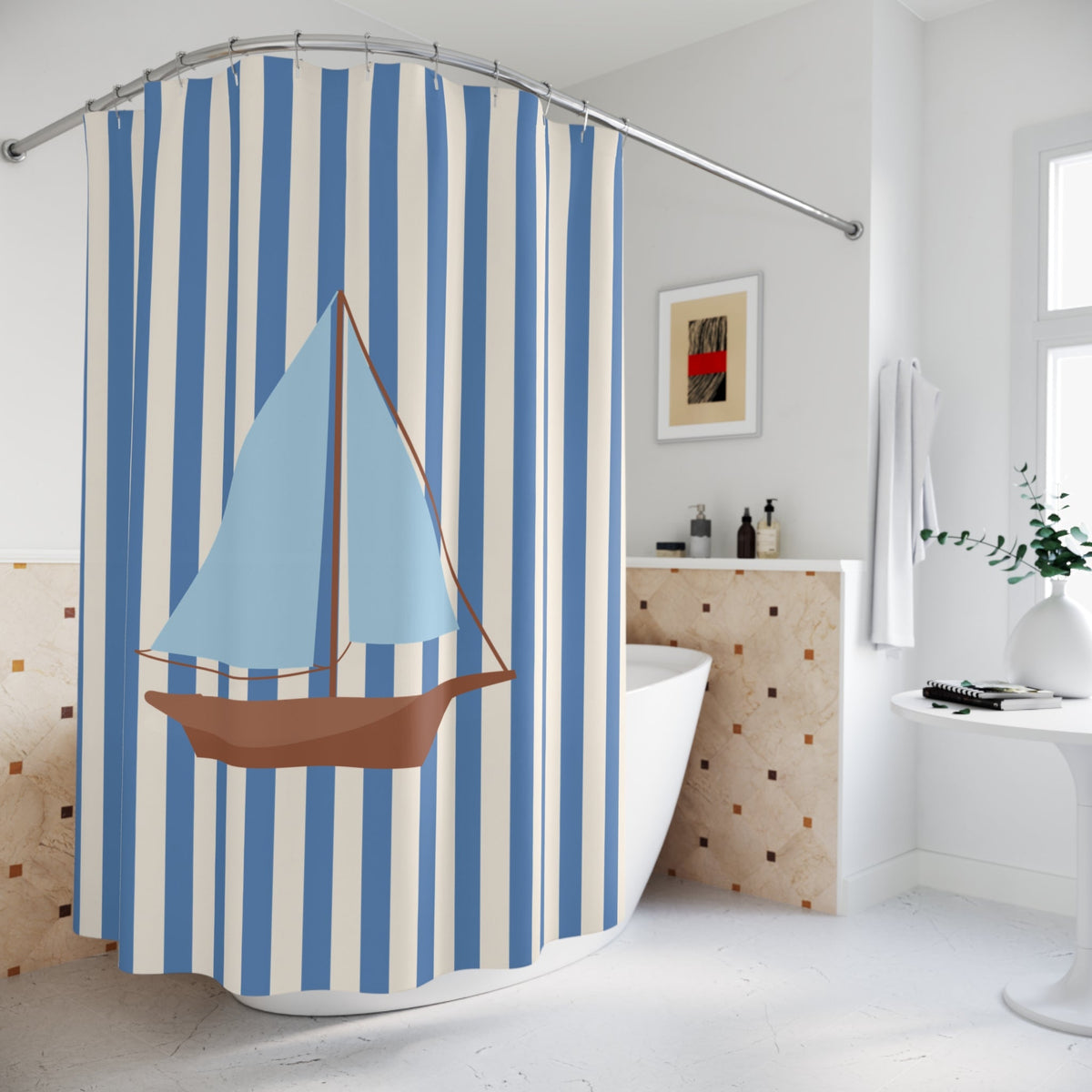 Nautical Cream Striped Shower Curtain with Vintage Sailboat — Coastal Bathroom Decor