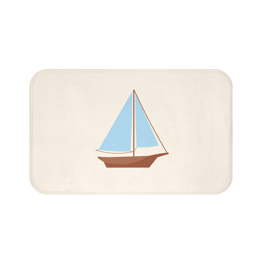 Nautical Vintage Sailboat Bath Mat, CREAM — Soft Coastal Bathroom Rug