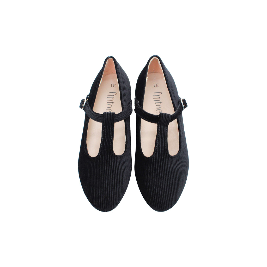 Girls' Black Velvet T-Strap Dress Shoes
