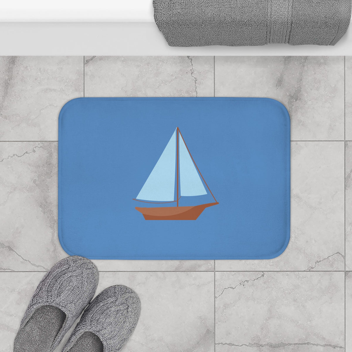 Nautical Vintage Sailboat Bath Mat, FRENCH BLUE — Soft Coastal Bathroom Rug