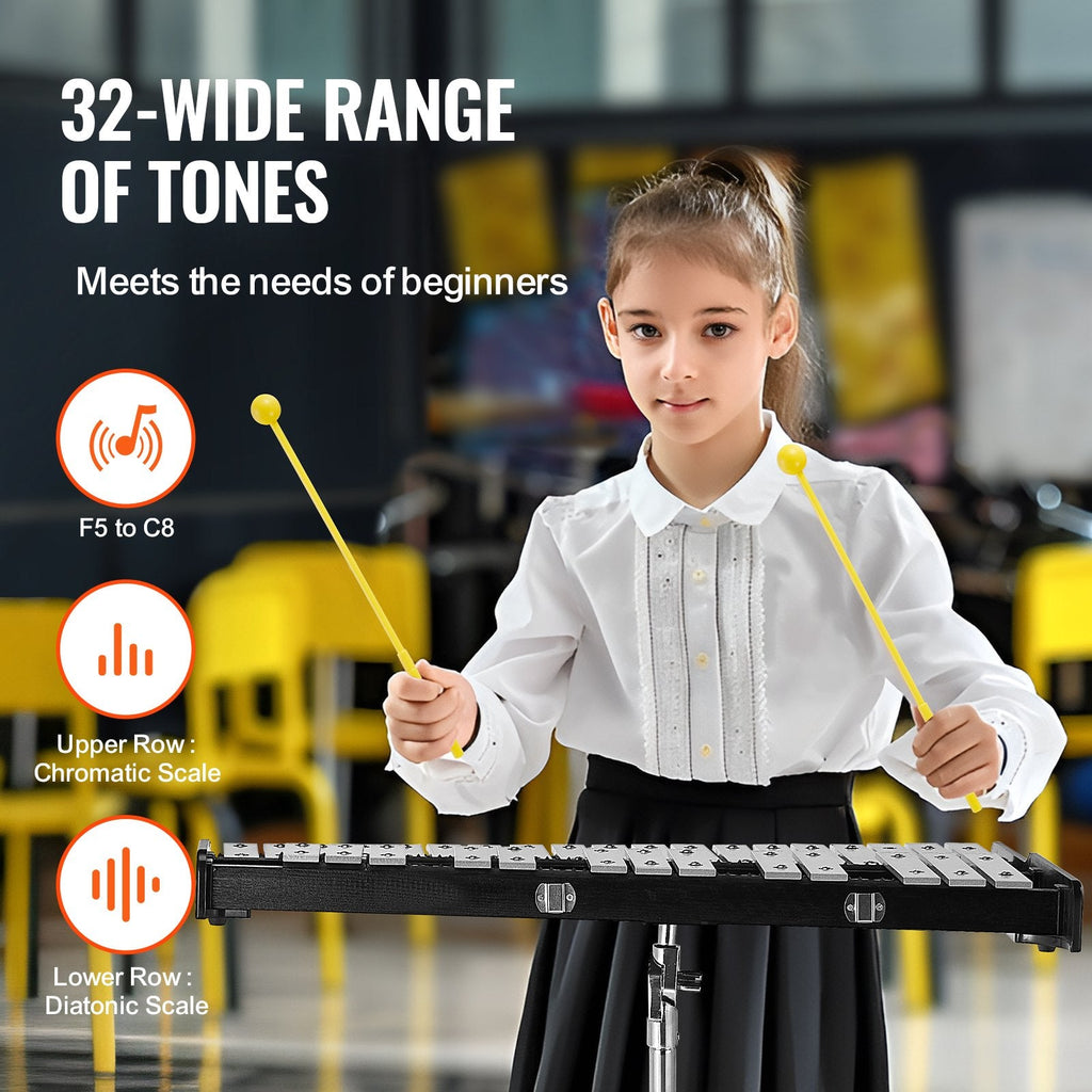 32 Note Glockenspiel Xylophone Bell Kit, Professional Percussion Instrument Set With Mallets, Drum Sticks, Music Stand, Adjustable Stand And Carrying Bag