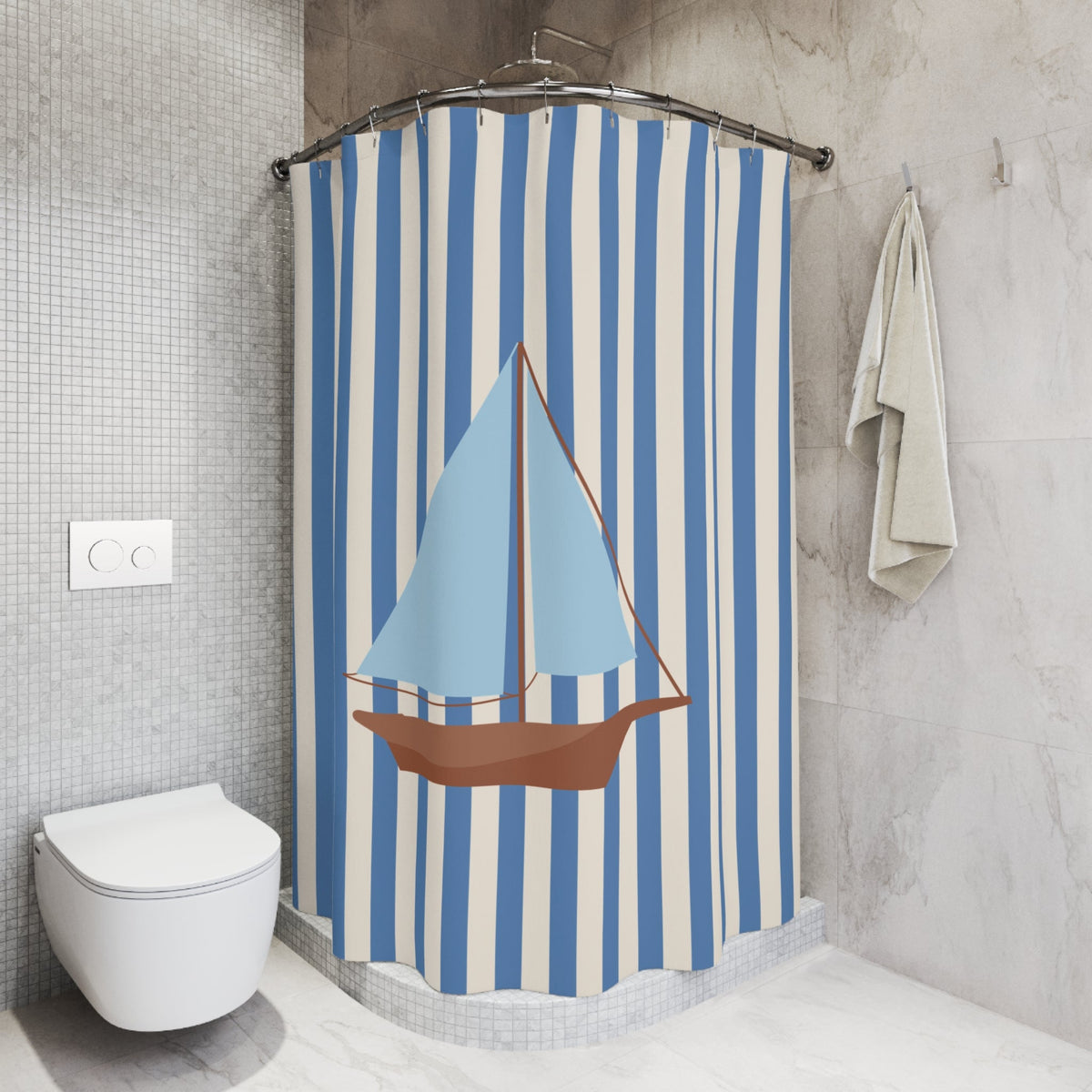 Nautical Cream Striped Shower Curtain with Vintage Sailboat — Coastal Bathroom Decor