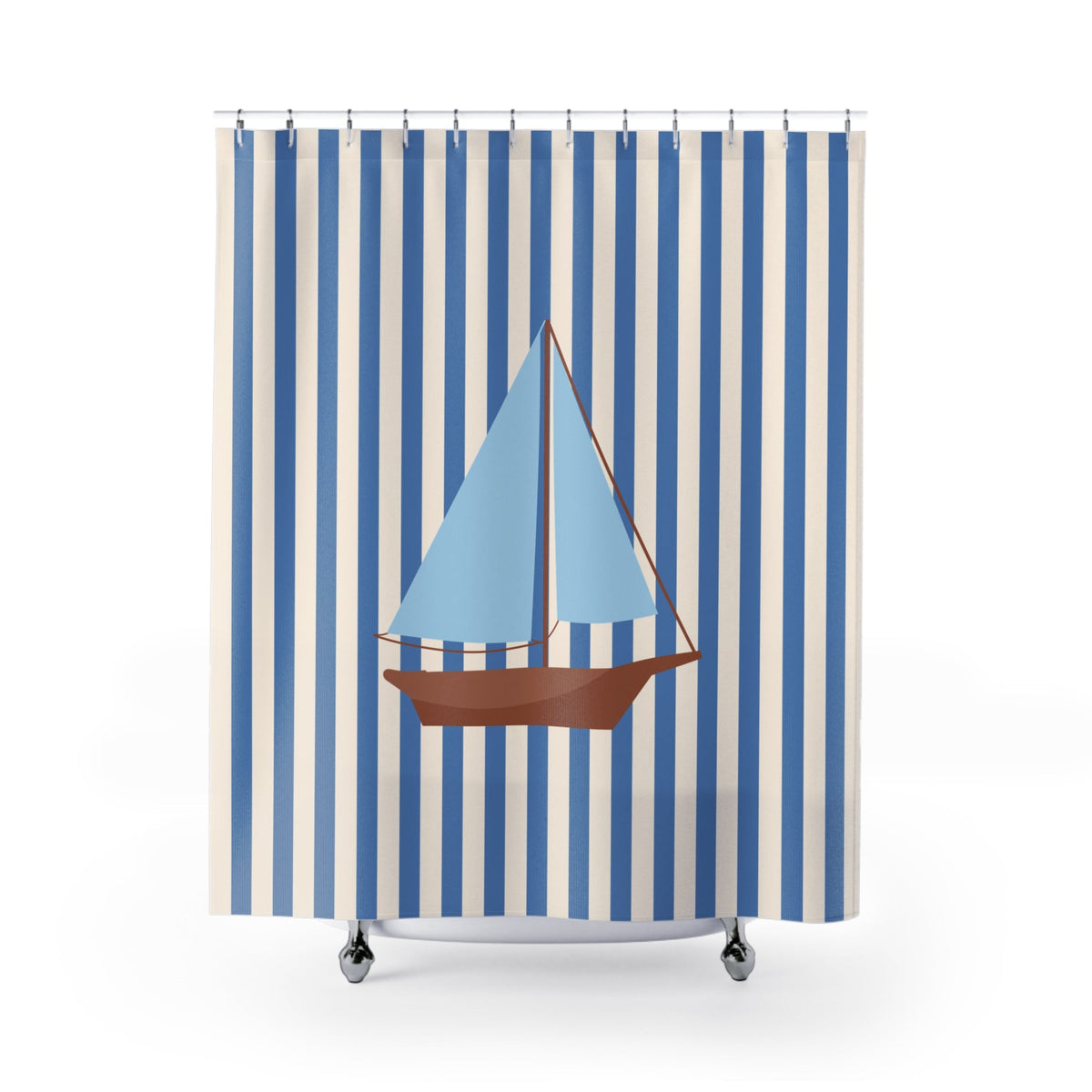 Nautical Cream Striped Shower Curtain with Vintage Sailboat — Coastal Bathroom Decor