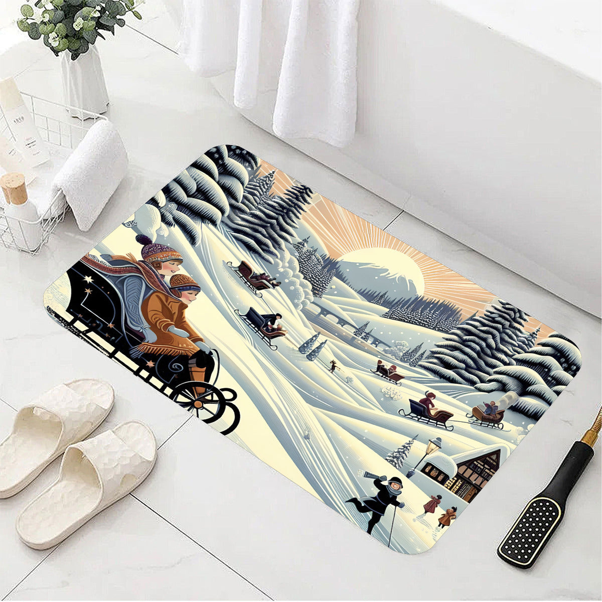 Winter Wonderland Sledding Adventures Diatom Bath Mat (Made in USA)