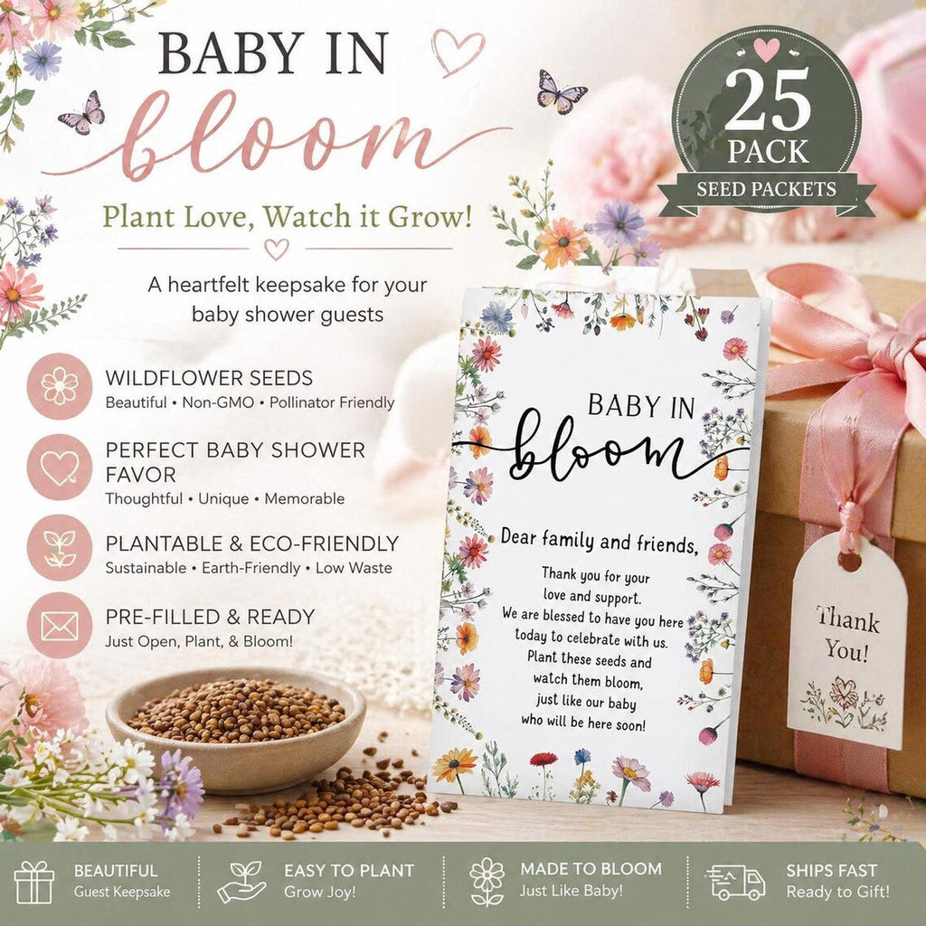 Baby Shower Favors 25 Pack, Baby in Bloom Seed Packets, Wildflower Seed Favors