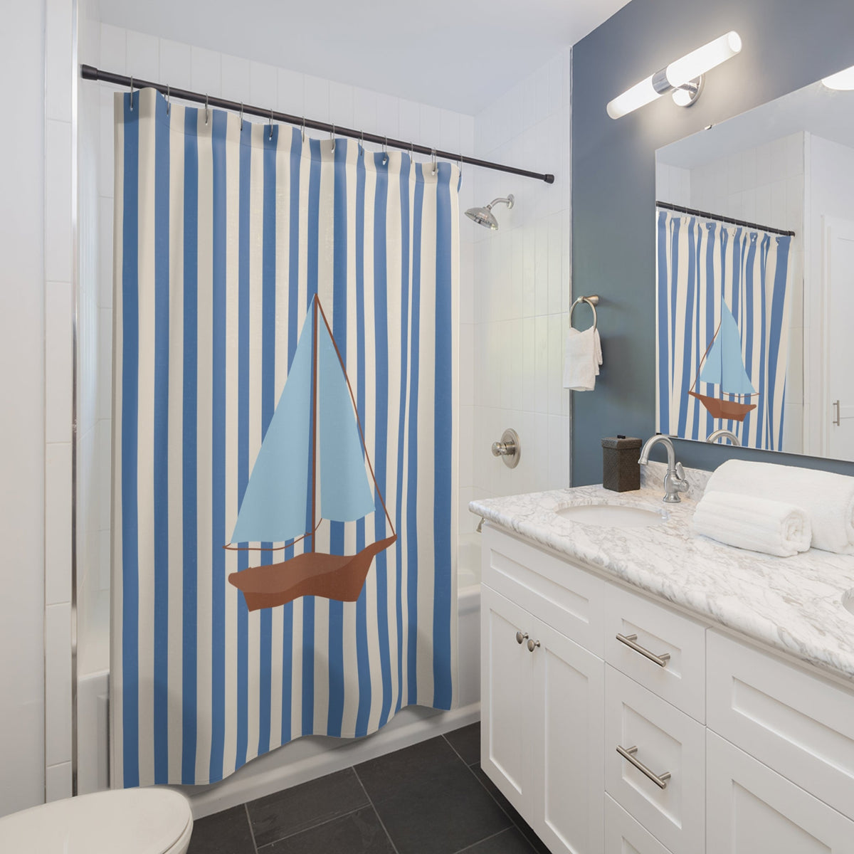 Nautical Cream Striped Shower Curtain with Vintage Sailboat — Coastal Bathroom Decor