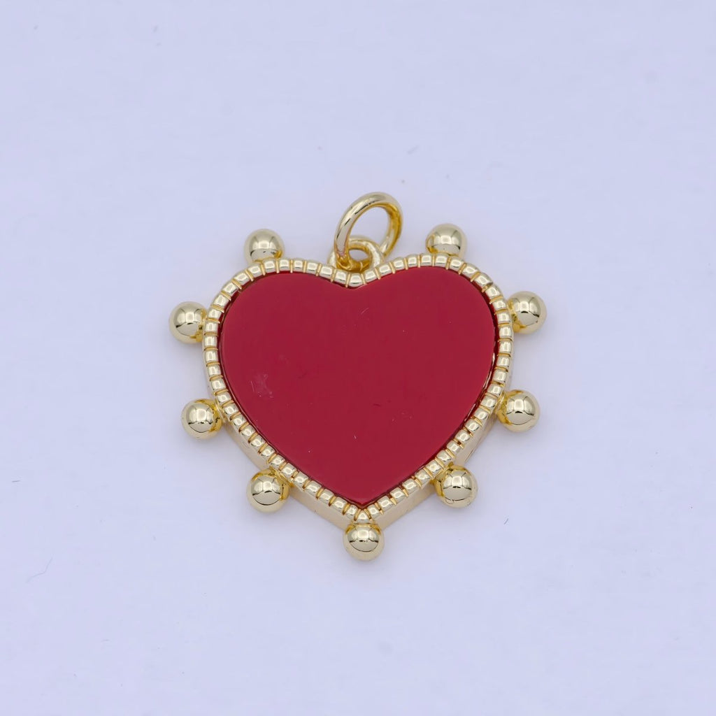 24K Gold Filled Red Enamel Round Beaded Heart Love Charm For Valentine Jewelry Making AG-084