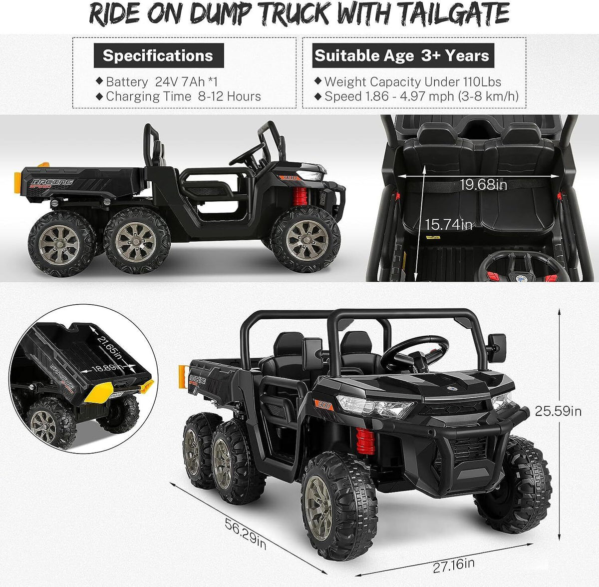 Hikole 24V 2-Seater Battery-Powered Kids Ride On Tractor with Dump Bed and RC Control