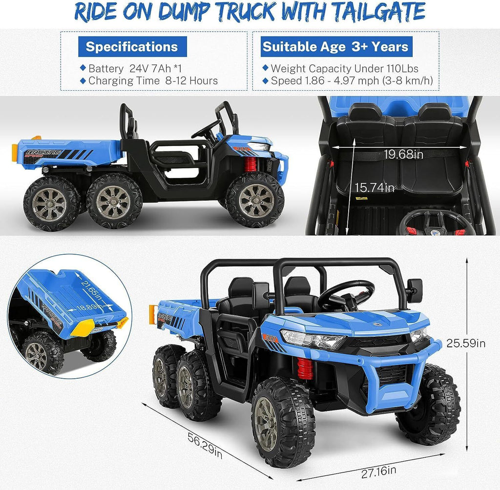 Hikole 24V 2-Seater Battery-Powered Kids Ride On Tractor with Dump Bed and RC Control