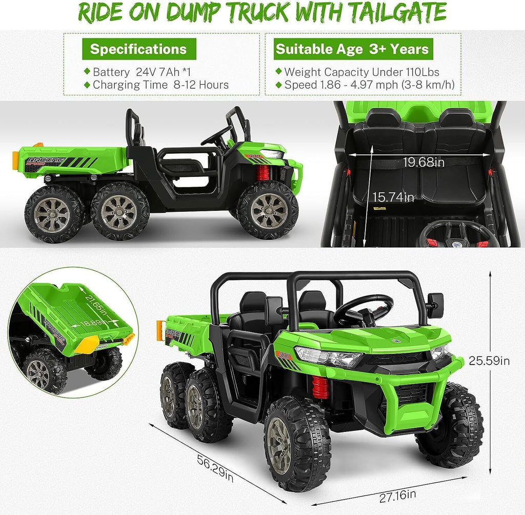 Hikole 24V 2-Seater Battery-Powered Kids Ride On Tractor with Dump Bed and RC Control