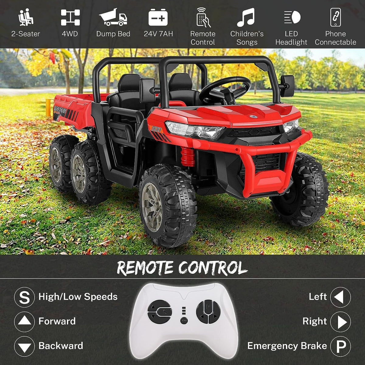 Hikole 24V 2-Seater Battery-Powered Kids Ride On Tractor with Dump Bed and RC Control