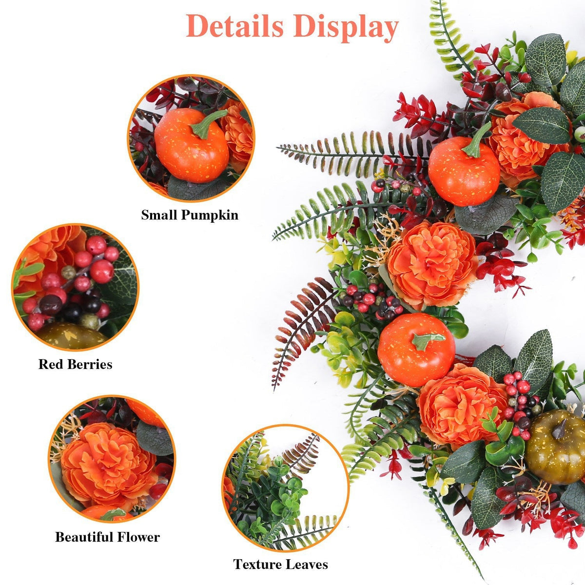 17.71IN Autumn Thanksgiving Wreath with Pumpkin Mixed Leaves Berries Flowers Fall Decoration for Indoor Outdoor Window Wall Front Door