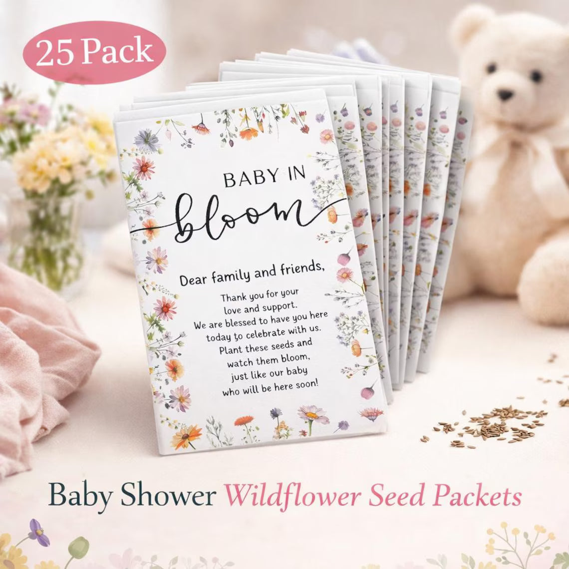 Baby Shower Favors 25 Pack, Baby in Bloom Seed Packets, Wildflower Seed Favors