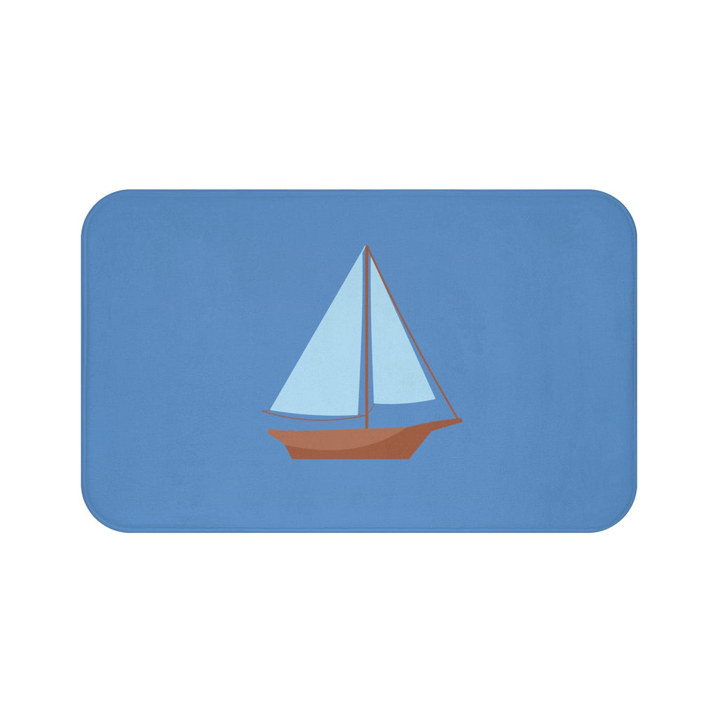 Nautical Vintage Sailboat Bath Mat, FRENCH BLUE — Soft Coastal Bathroom Rug