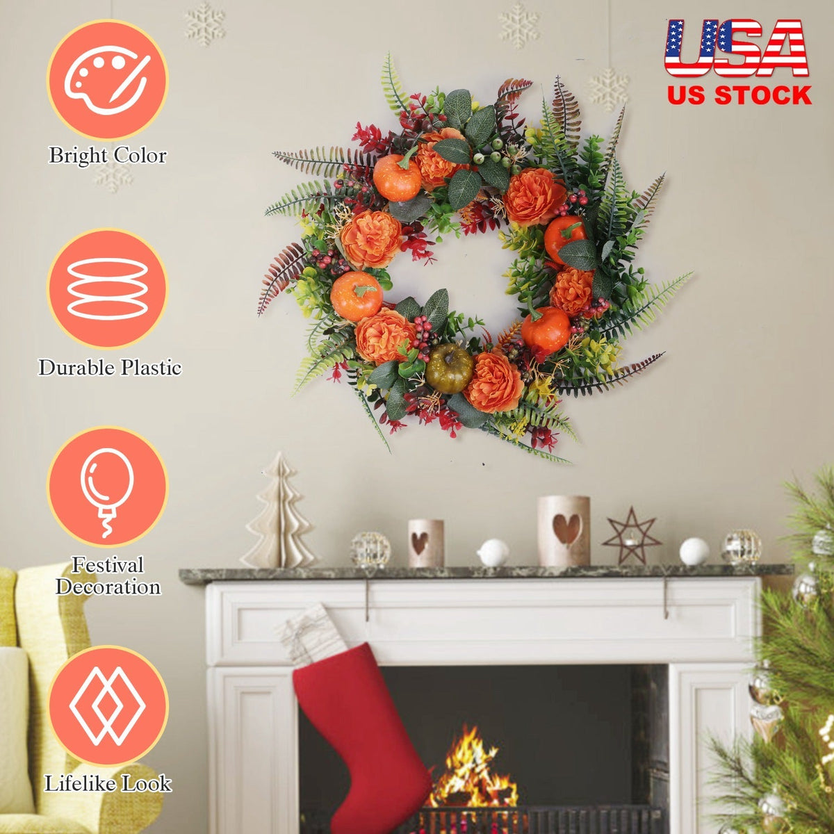 17.71IN Autumn Thanksgiving Wreath with Pumpkin Mixed Leaves Berries Flowers Fall Decoration for Indoor Outdoor Window Wall Front Door