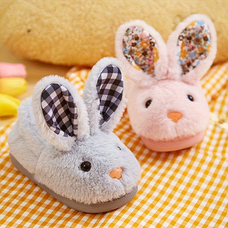 SENMYSAN Kids Bunny Ear Plush Slippers - Cozy Slip-On Indoor House Shoes with Fleece Lining & EVA Sole for Toddlers, Boys & Girls - Pink/Grey/White