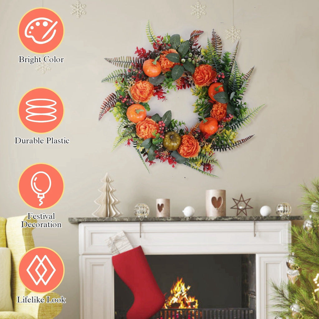 17.71IN Autumn Thanksgiving Wreath with Pumpkin Mixed Leaves Berries Flowers Fall Decoration for Indoor Outdoor Window Wall Front Door