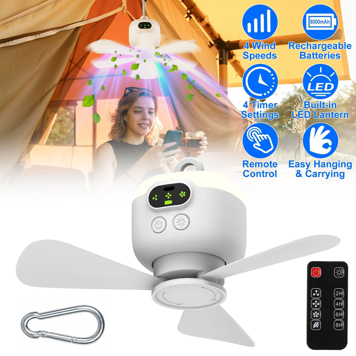 2 In 1 Portable Camping Fan with LED Lantern 8000mAh Battery Powered Tent Fan with Carabiner Digital Display 4 Speeds 4 Timer Settings for Camping Can