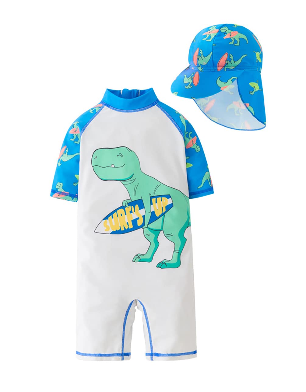 stylesilove Toddler Kid Boys Dino Print One-Piece Short Sleeve Zipper Rash Guard & Hat 2pcs Swimsuit Pool Beach Bathing Suit