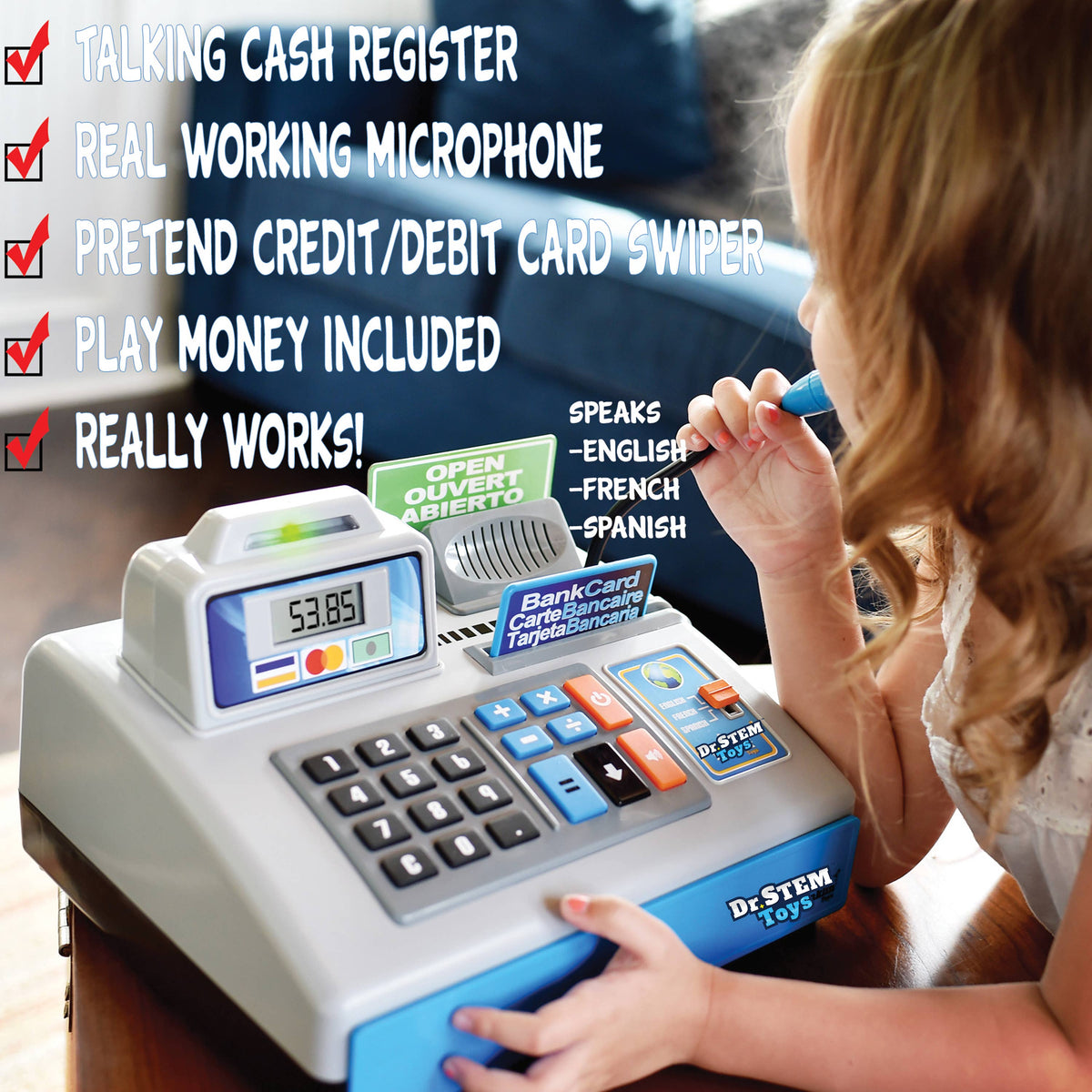 Dr. STEM Toys Talking Cash Register & Pretend Food Bundle– Trilingual Money Counting & Math Learning Toy with Play Money, Credit Cards & Working Microphone – Ages 3+