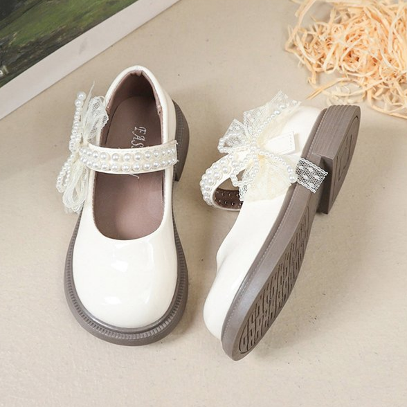 Girls' Leather Shoes, Pearl Bow Mary Princess Shoes, Soft Soled Shoes, Anti Slip Children's Casual Shoes