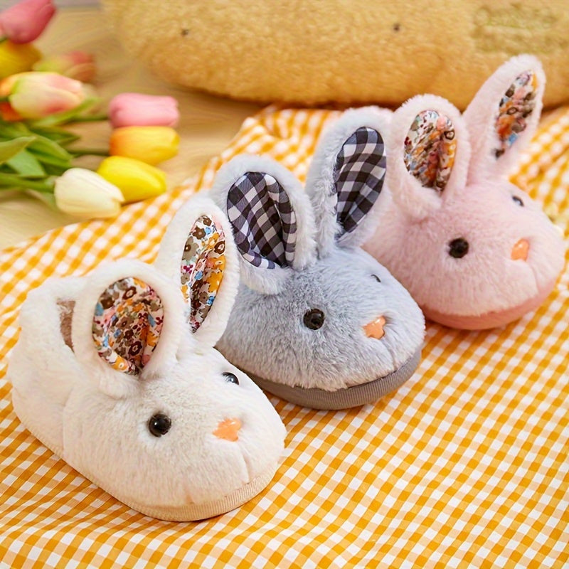 SENMYSAN Kids Bunny Ear Plush Slippers - Cozy Slip-On Indoor House Shoes with Fleece Lining & EVA Sole for Toddlers, Boys & Girls - Pink/Grey/White