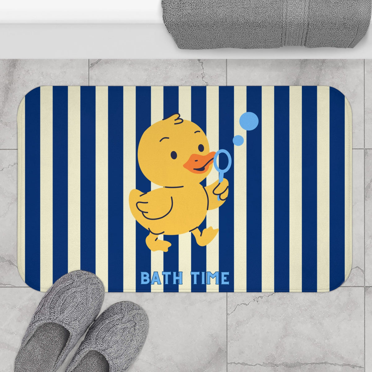Cute Rubber Ducky Bath Mat — Navy Striped Kids Bathroom Rug