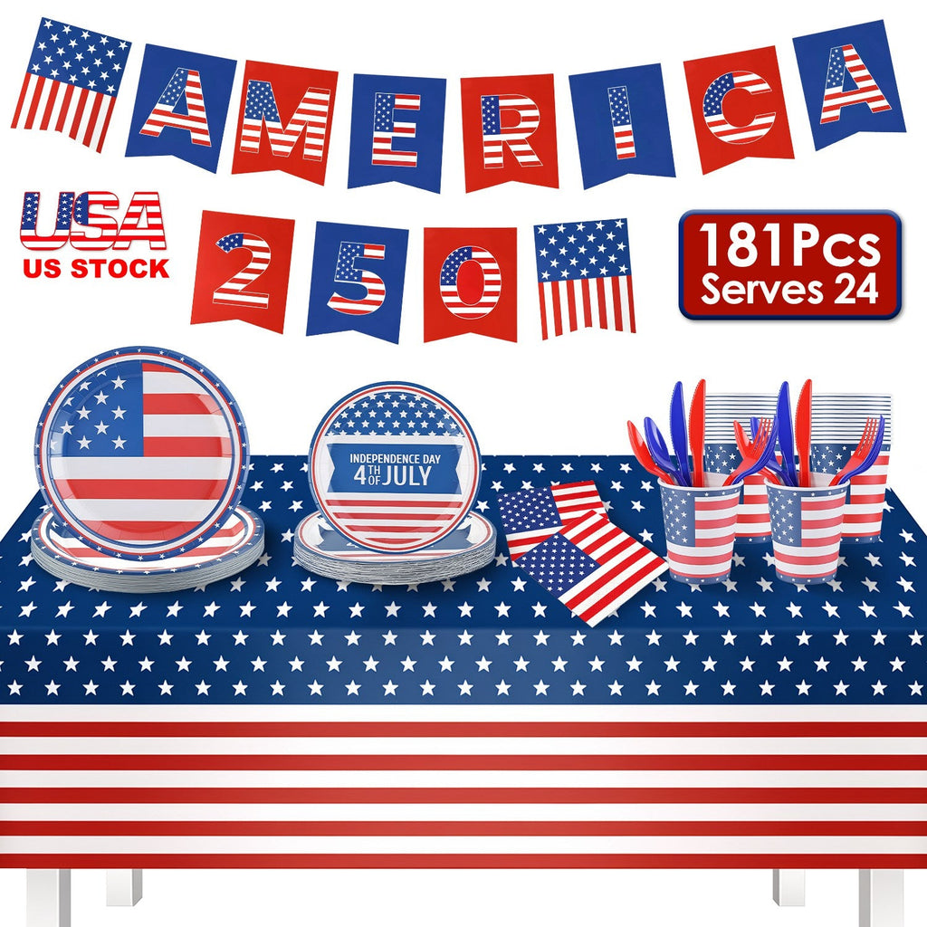 4th of July Party Supplies Set for 24 Guests - 181 Pieces