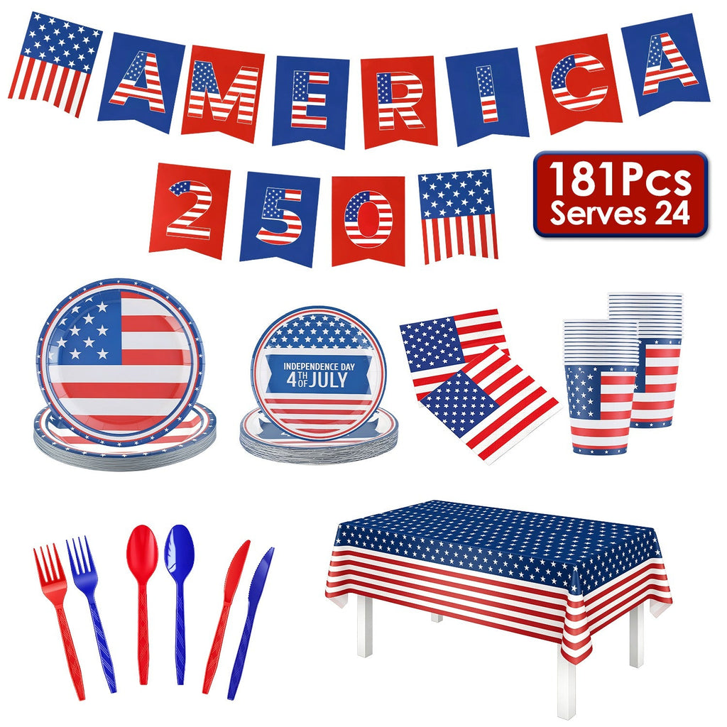 4th of July Party Supplies Set for 24 Guests - 181 Pieces