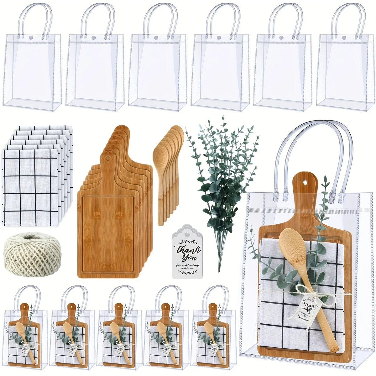 6 Sets Baby Shower Prizes for Game Player Baby Shower Winners Guest Gifts Bamboo Cheese Board Bamboo Spoon Plaid Towel Artificial Eucalyptus Stems Tags Bags for Wedding Bridal Favors (Square) for Halloween, Christmas Event &