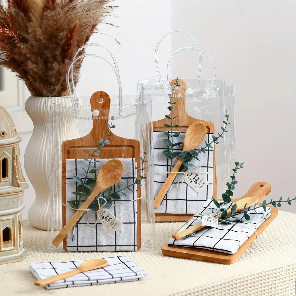 6 Sets Baby Shower Prizes for Game Player Baby Shower Winners Guest Gifts Bamboo Cheese Board Bamboo Spoon Plaid Towel Artificial Eucalyptus Stems Tags Bags for Wedding Bridal Favors (Square) for Halloween, Christmas Event &
