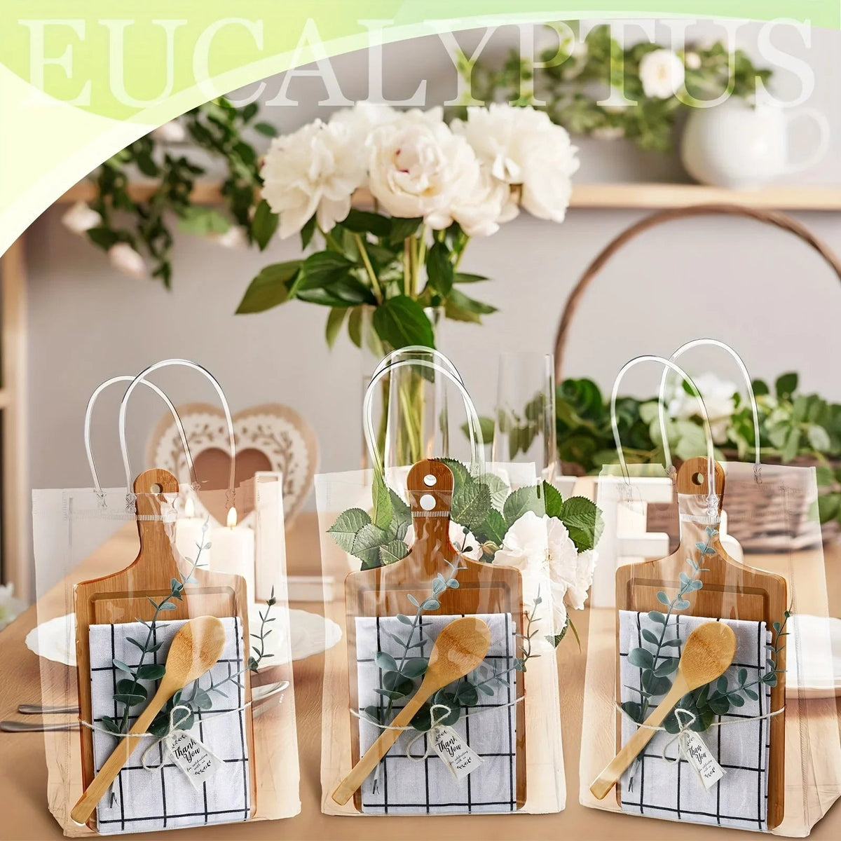 6 Sets Baby Shower Prizes for Game Player Baby Shower Winners Guest Gifts Bamboo Cheese Board Bamboo Spoon Plaid Towel Artificial Eucalyptus Stems Tags Bags for Wedding Bridal Favors (Square) for Halloween, Christmas Event &