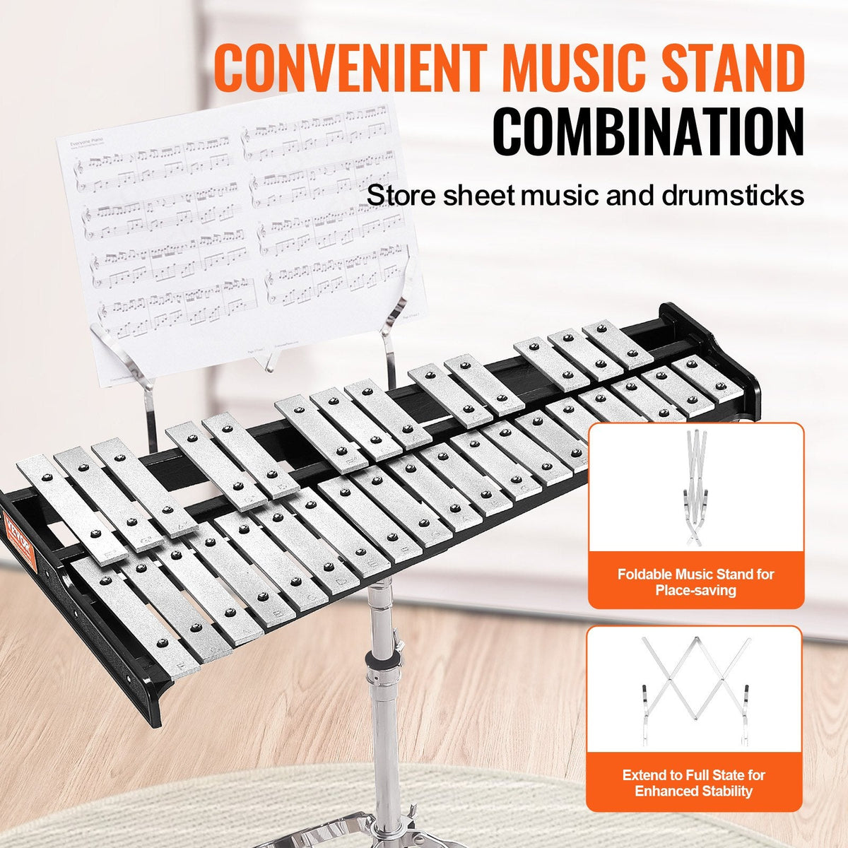 32 Note Glockenspiel Xylophone Bell Kit, Professional Percussion Instrument Set With Mallets, Drum Sticks, Music Stand, Adjustable Stand And Carrying Bag