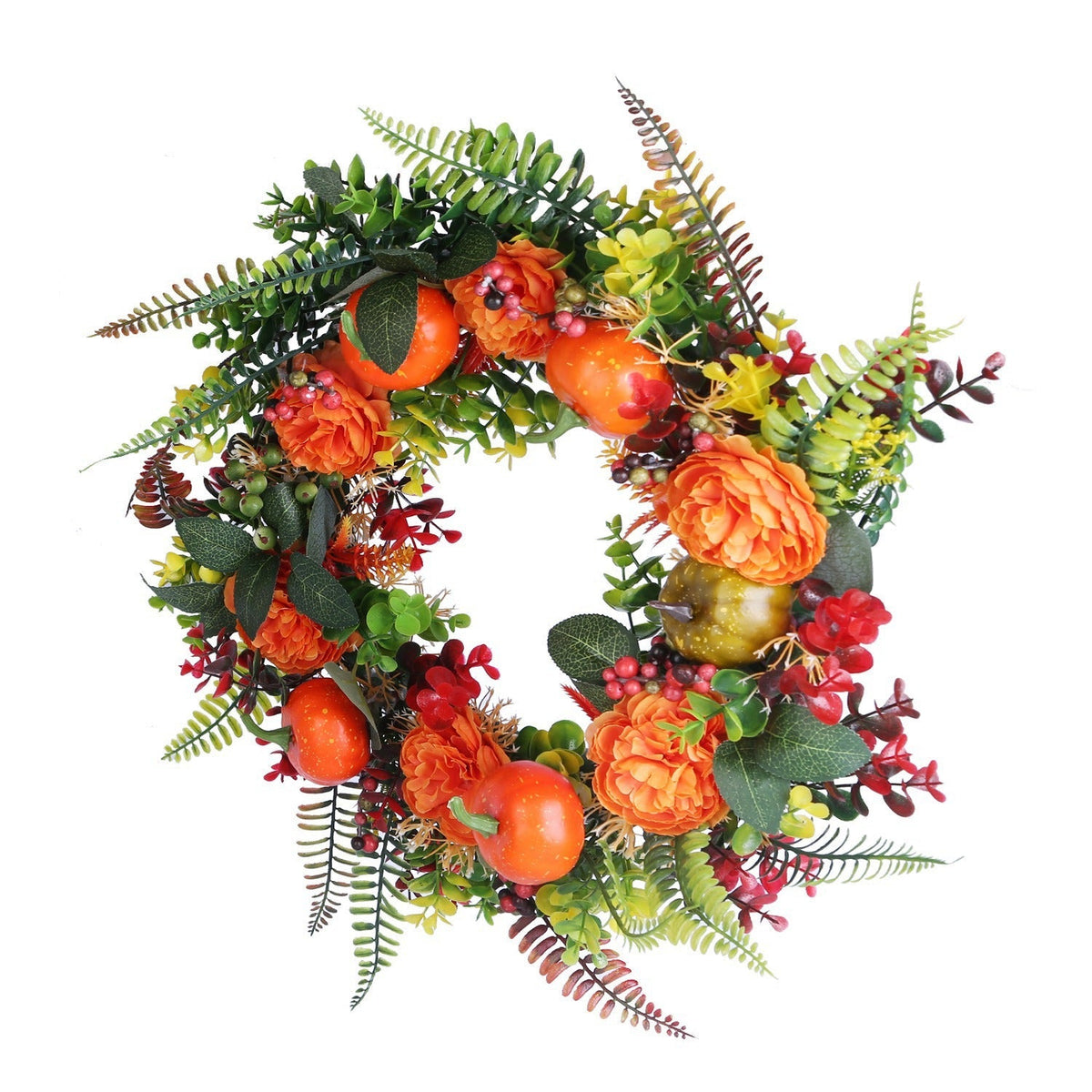 17.71IN Autumn Thanksgiving Wreath with Pumpkin Mixed Leaves Berries Flowers Fall Decoration for Indoor Outdoor Window Wall Front Door