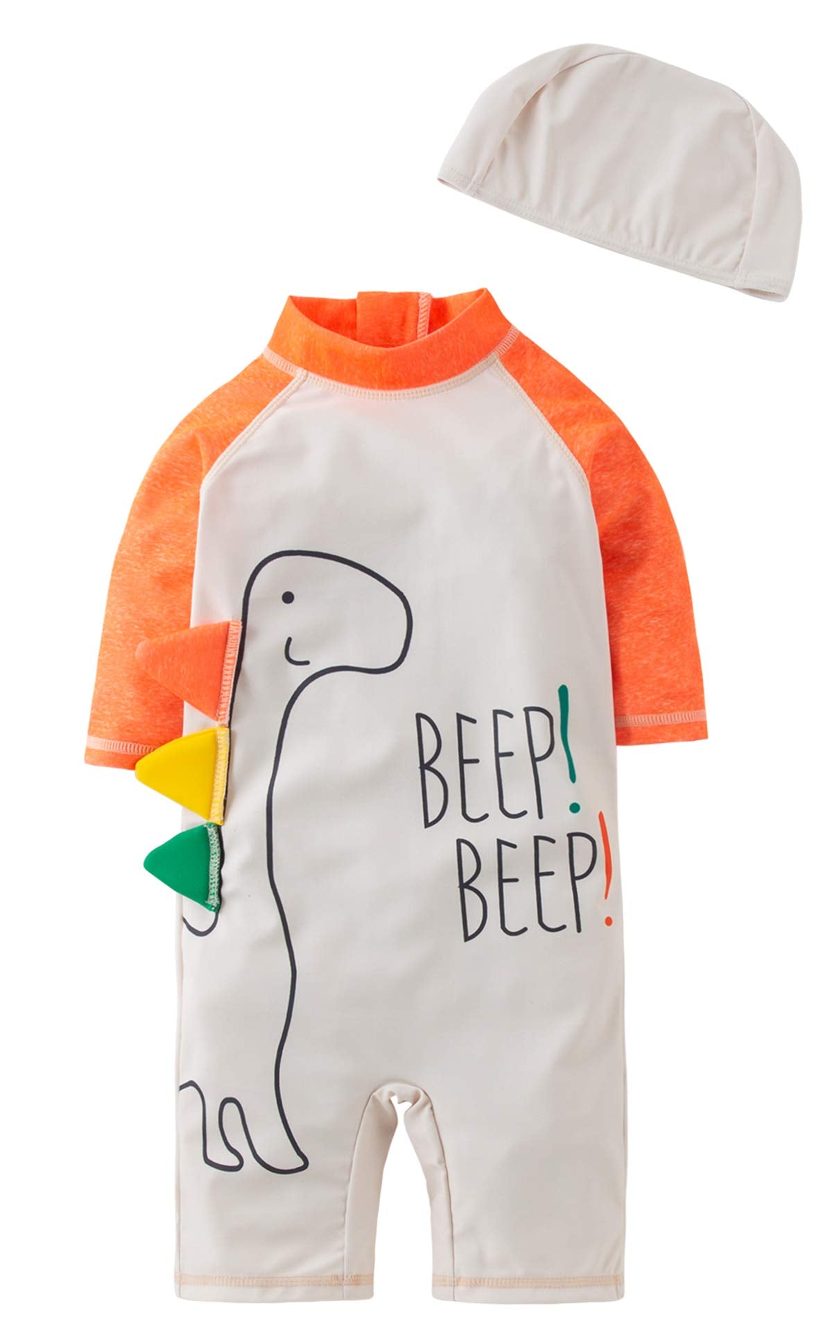 Styles I Love Kid Boys Dinosaur One-Piece Short Sleeve Zipper Rash Guard with Swim Hat 2pcs Swimsuit Beach Bathing Suit