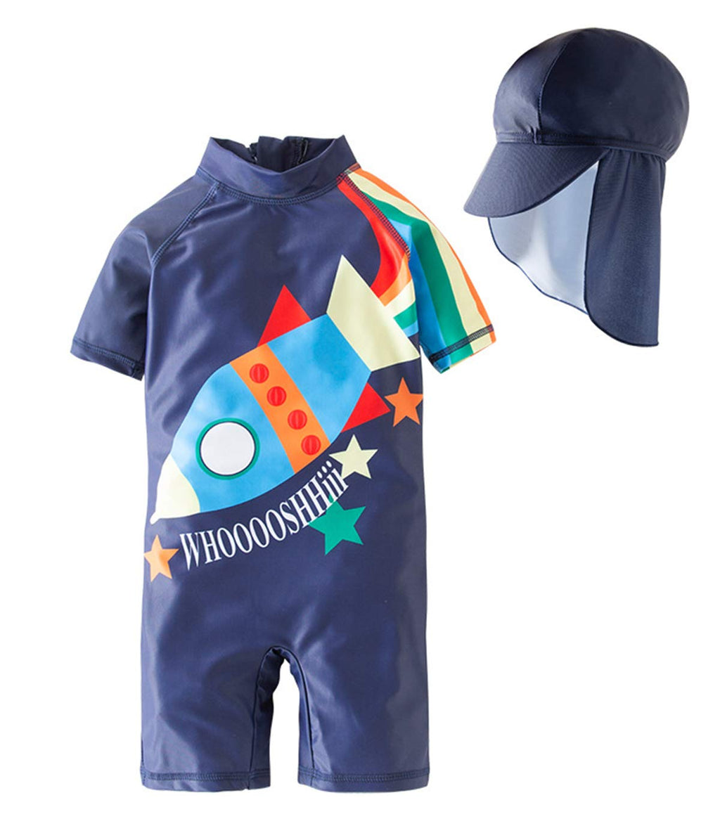 stylesilove Little Boys Rocket Rainbow One-Piece Rash Guard Swimsuit & Sun Hat 2pcs Set Navy Bathing Suit Beach Swimwear