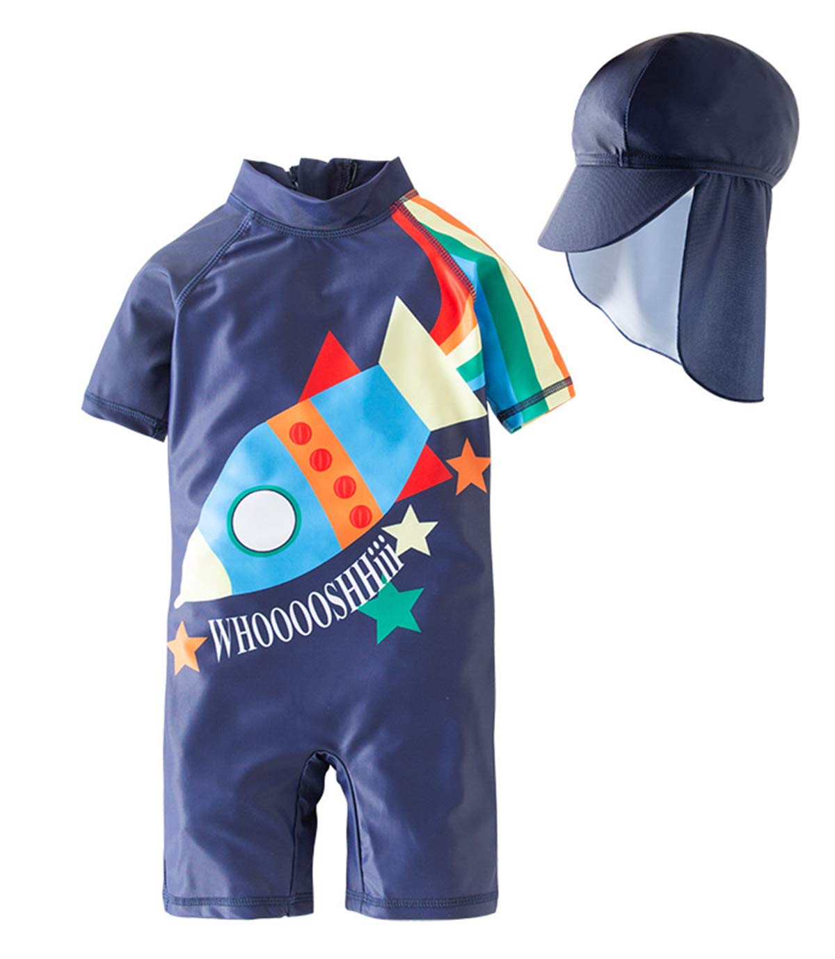 stylesilove Little Boys Rocket Rainbow One-Piece Rash Guard Swimsuit & Sun Hat 2pcs Set Navy Bathing Suit Beach Swimwear