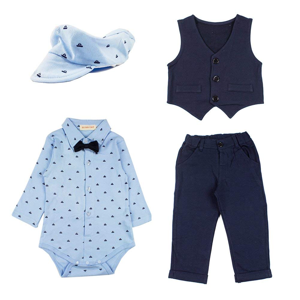 stylesilove Infant Toddler Baby Boys Blue Romper, Pants, Vest and Hat 4-Piece Gentlemen Formal Wear Clothing Set