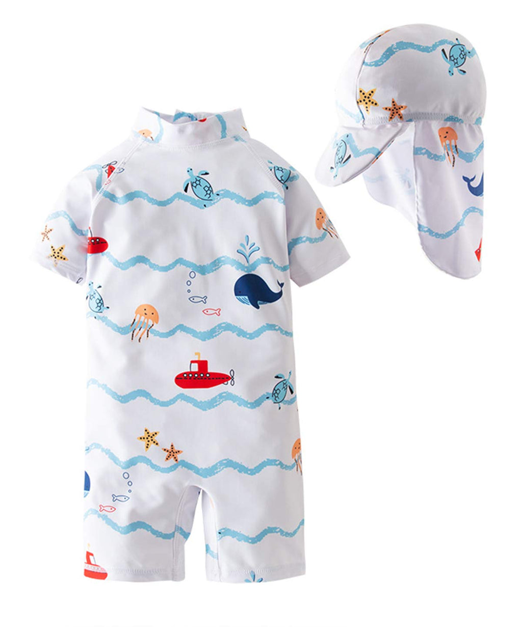 Styles I Love Little Boys Sea Animals Print One-Piece Rash Guard Swimsuit with Sun Hat 2pcs Set Bathing Suit Beach Swimwear