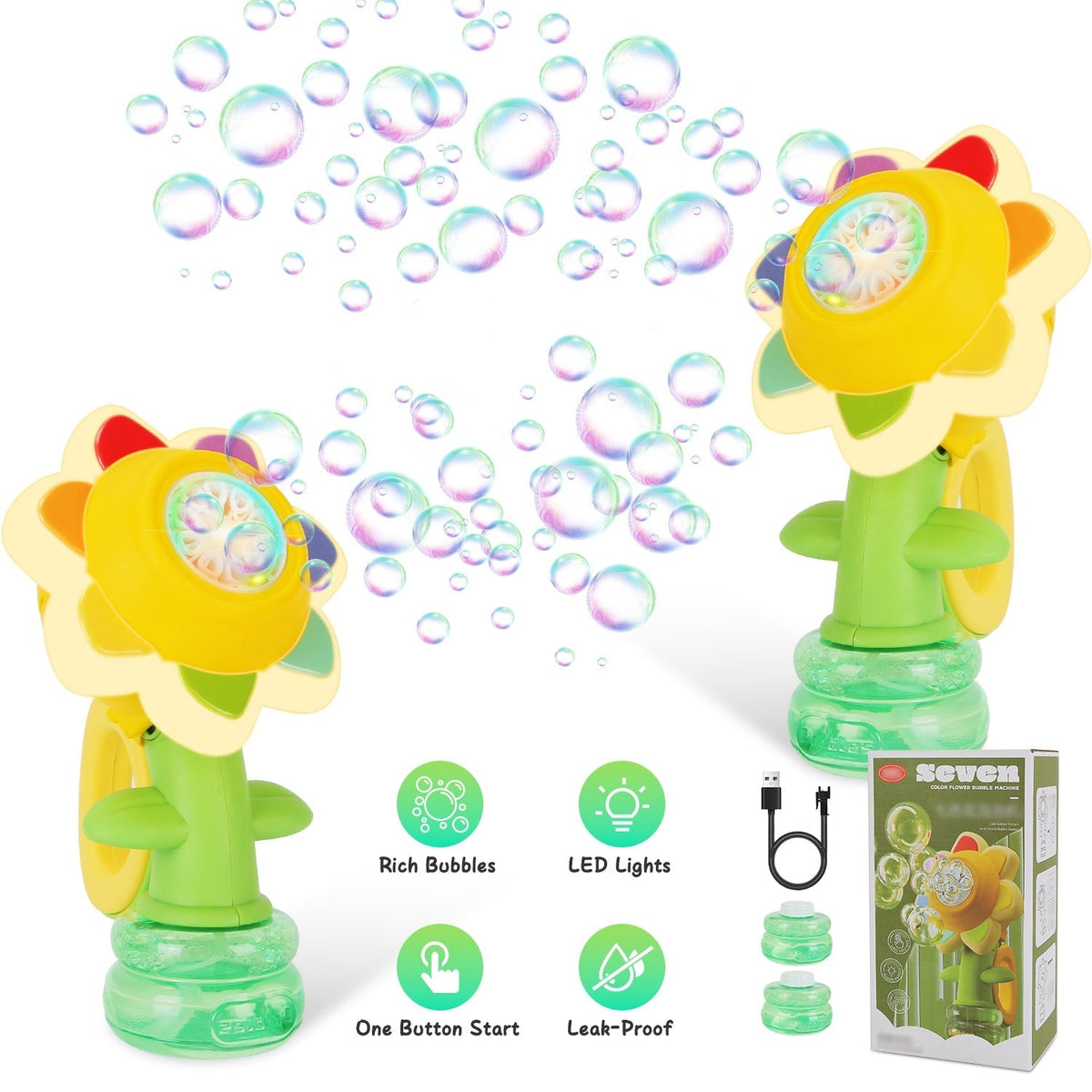 2Pcs Bubble Machines With Lights For Kids Rechargeable Dancing Sunflower Bubble Maker For 4-8Years Old Toddlers Outdoor Summer Play Toy Party Birthday