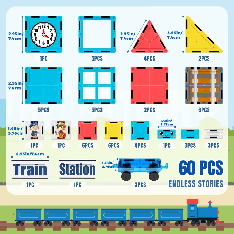 60-Piece Magnetic Train Station Building Set – STEM Engineering & Transportation Learning Kit