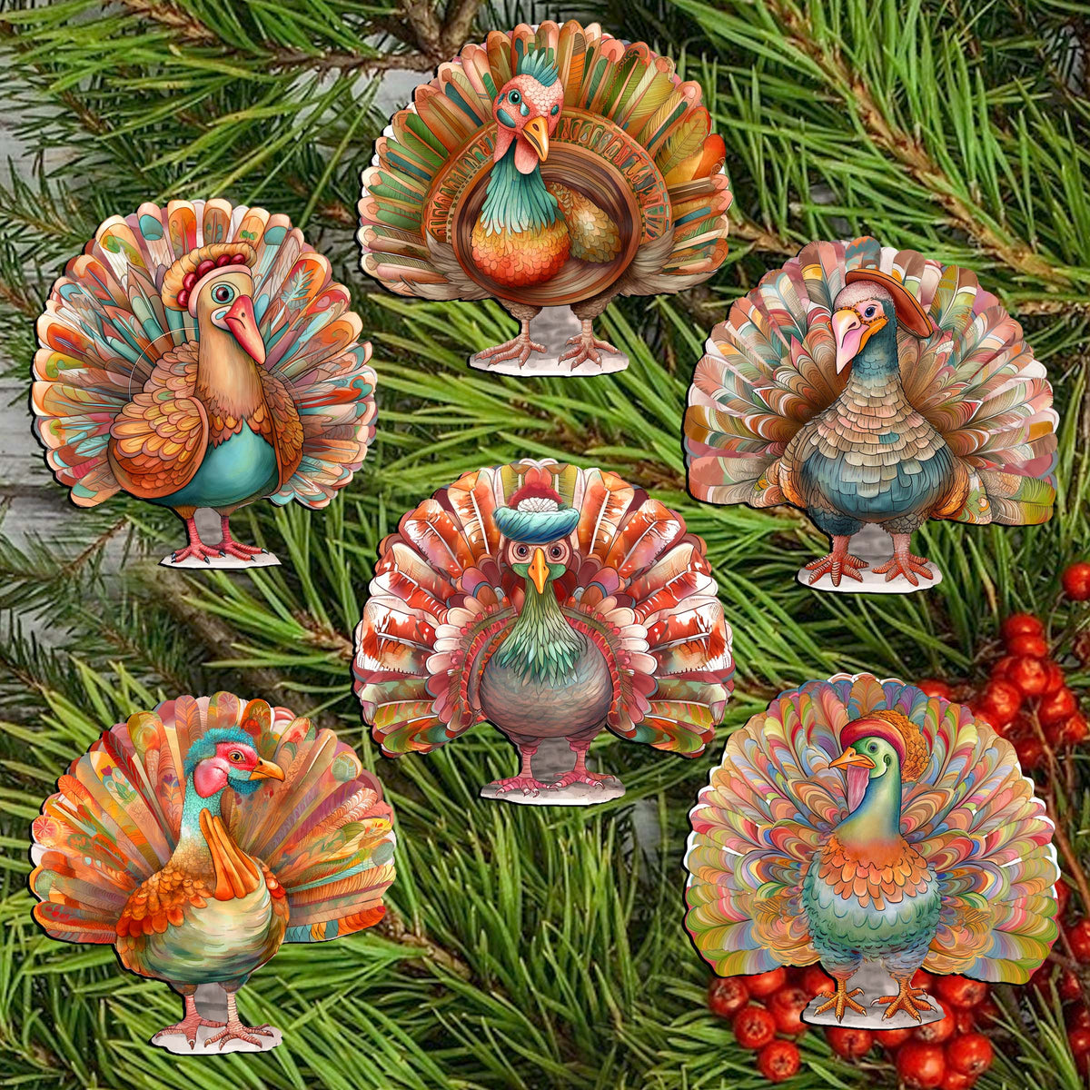 Turkey Clip-On Eco Wood Decorative Ornaments Set of 6 by G. Debrekht - Thanksgiving Decor - 8090027C-S6