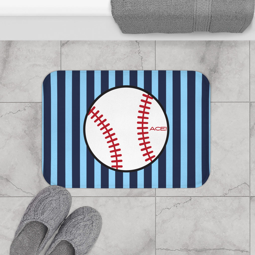 Baseball Bath Mat – Blue Striped Soft Non-Slip Bathroom Rug