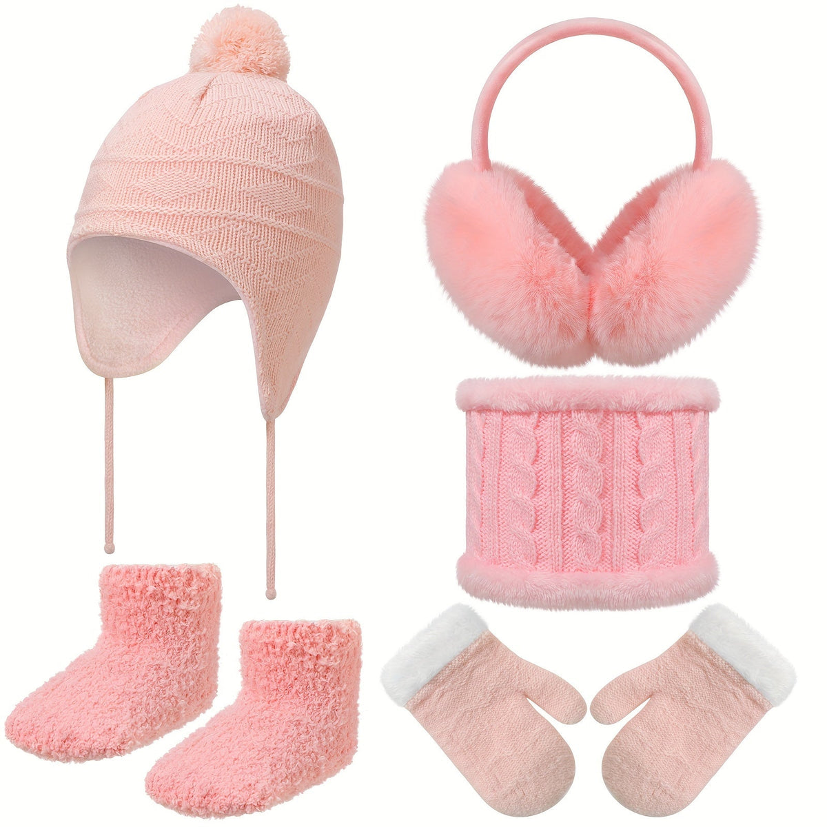 5-Piece Winter Accessories Set – Beanie Hat, Scarf, Gloves, Earmuffs, Fuzzy Socks & Neck Warmer for Ultimate Cold-Weather Comfort