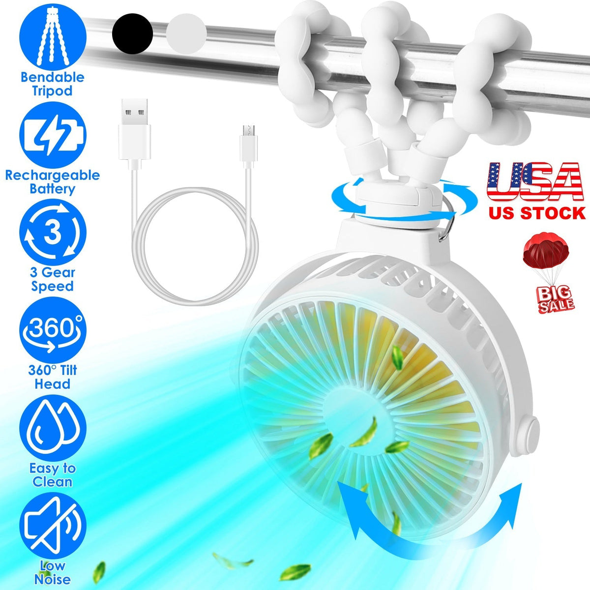 Portable Baby Stroller Fan Rechargeable Handheld Fan with Flexible Tripod Clip On Desktop Hanging Fan 3 Gear Speed 360¡ Tilt Head