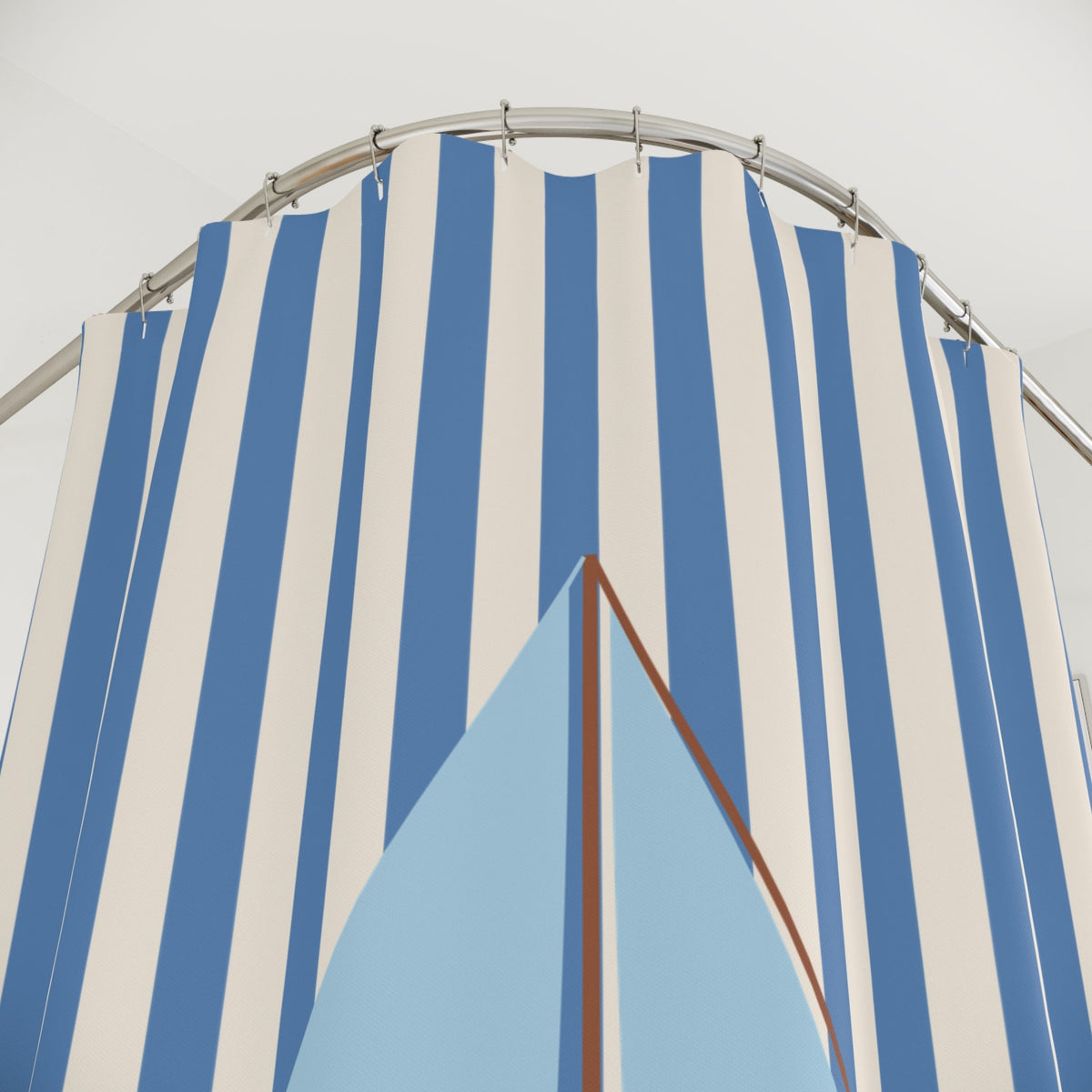 Nautical Cream Striped Shower Curtain with Vintage Sailboat — Coastal Bathroom Decor