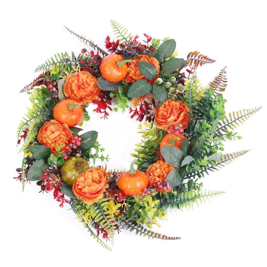 17.71IN Autumn Thanksgiving Wreath with Pumpkin Mixed Leaves Berries Flowers Fall Decoration for Indoor Outdoor Window Wall Front Door