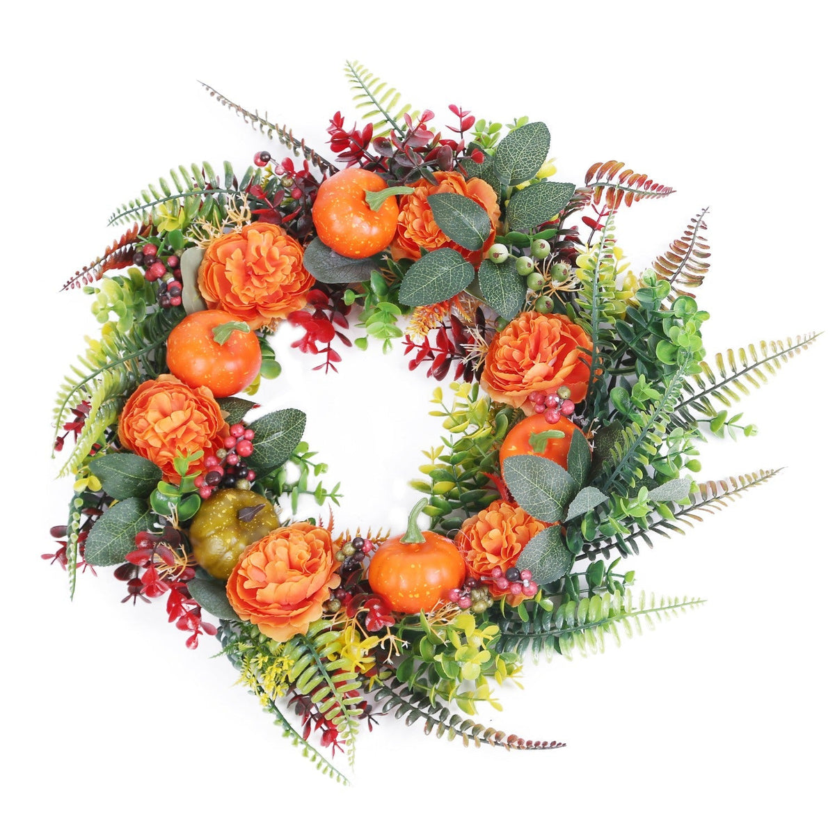 17.71IN Autumn Thanksgiving Wreath with Pumpkin Mixed Leaves Berries Flowers Fall Decoration for Indoor Outdoor Window Wall Front Door